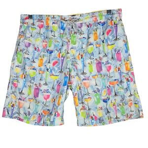 Michaels Cocktails Swim Trunks Men Large Blue Tropical Drink Print Shorts Casual